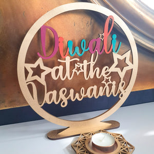 Freestanding Diwali at the "Family" Sign with Geometric Tea light Holder